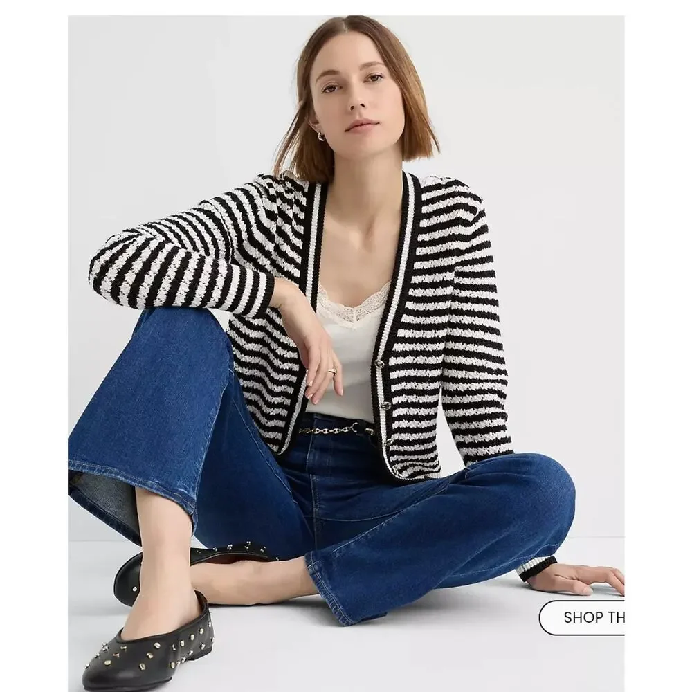 LOFT Pointelle Striped Cardigan Size XS Black White Stripe Gold Buttons Crochet